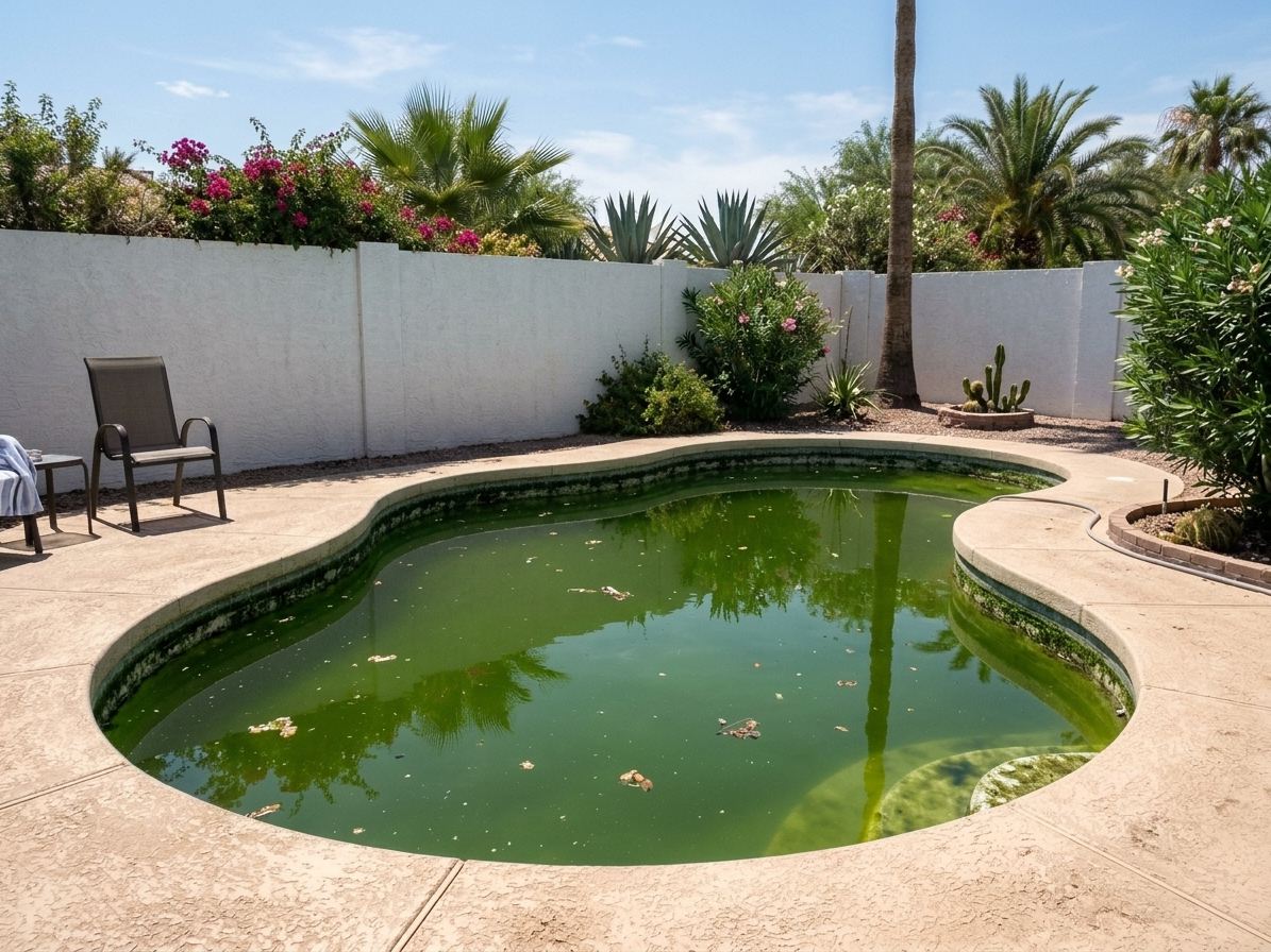 Green, neglected backyard pool before service