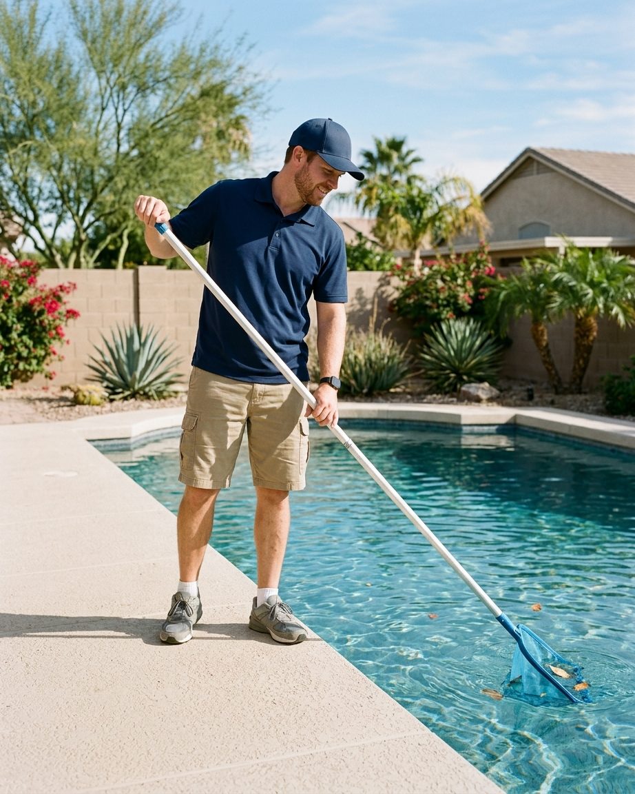 Technician skimming a backyard pool